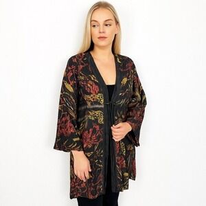 CITRON linen blend Floral Black Kimono Robe black moody floral‎ size S